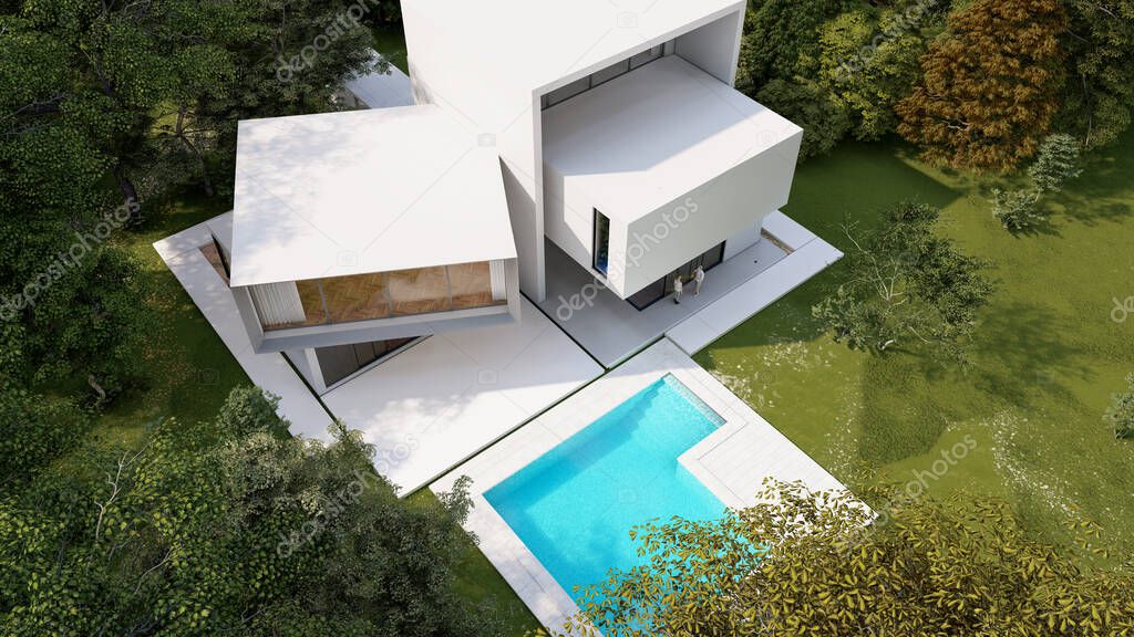 3D rendering of a big white modern house, aerial view