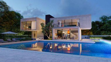 Etkileyici bir bahçesi ve havuzu olan büyük, çağdaş bir villanın 3 boyutlu görüntüsü.