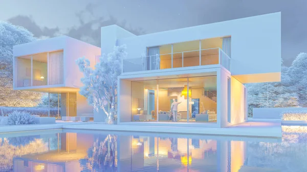 Rendering Big Contemporary Villa Impressive Garden Pool Frozen Effect — Stock Photo, Image