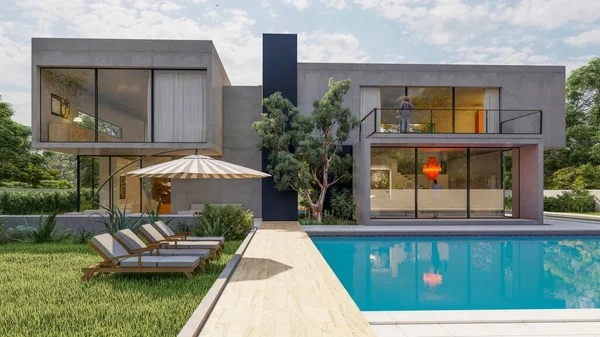 Återgivning Stor Modern Villa Med Imponerande Trädgård Och Pool — Stockfoto