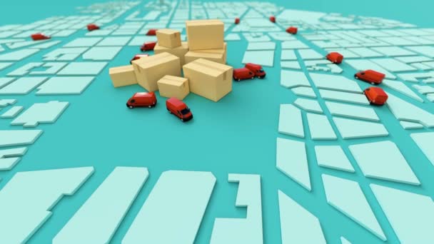 Animace Bílá Mapa Města Rozjetými Kamiony Hromadou Kartonů — Stock video