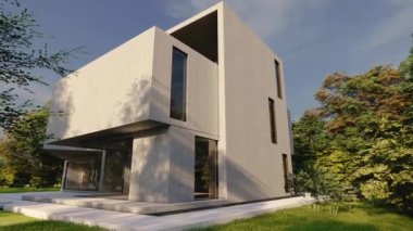 Bahçesi ve havuzu olan büyük bir çimentoya maruz kalmış modern binanın 3 boyutlu animasyonu