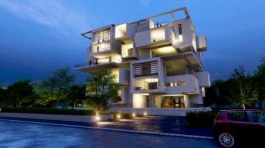 Güzel bir bölgedeki modern bir apartmanın 3 boyutlu animasyonu.