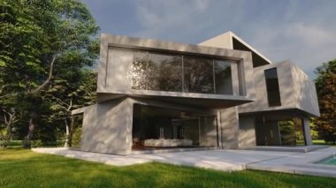 Bahçesi ve havuzu olan büyük, çimento kaplı, çağdaş bir villanın 3 boyutlu animasyonu