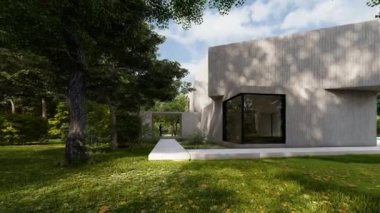 Bahçesi ve havuzu olan büyük, çimento kaplı, çağdaş bir villanın 3 boyutlu animasyonu