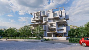 Modern lüks bir konut binasının 3 boyutlu tasarımı