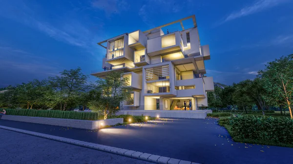 Akşamları Modern Lüks Bir Konut Binasının Boyutlu Tasarımı — Stok fotoğraf