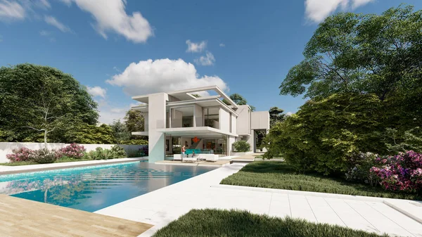 Representación Una Villa Moderna Lujo Con Piscina Jardín — Foto de Stock