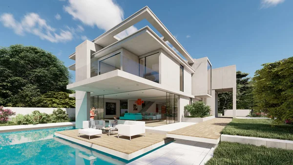 Weergave Van Een Luxe Moderne Villa Met Zwembad Tuin — Stockfoto