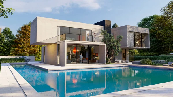 Weergave Van Een Grote Moderne Villa Met Indrukwekkende Tuin Zwembad — Stockfoto