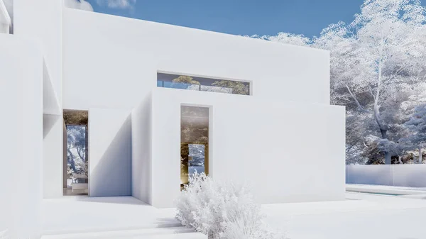 凍結した風景の家 サイドビューと現代の立方体の3Dレンダリング — ストック写真