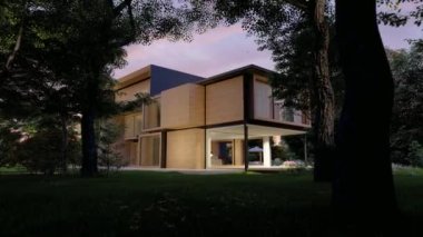 Akşamları havuzu ve bahçesi olan büyük ahşap bir malikanenin 3 boyutlu animasyonu.