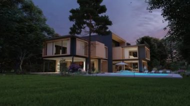 Akşamları havuzu ve bahçesi olan büyük ahşap bir malikanenin 3 boyutlu animasyonu.