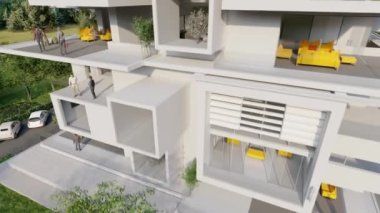 Güzel bir bölgedeki modern bir apartmanın 3 boyutlu animasyonu.