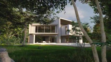 Havuzu ve bahçesi olan modern bir malikanenin 3 boyutlu animasyonu