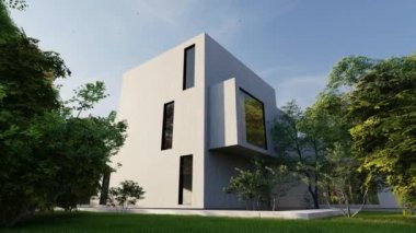 Bahçesi ve havuzu olan büyük, çimento kaplı, çağdaş bir villanın 3 boyutlu animasyonu