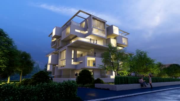 黄昏时分在漂亮地区的现代高档住宅建筑的3D动画 — 图库视频影像