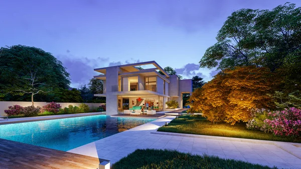 3D rendering of an impressive contemporary villa with garden and pool at dusk