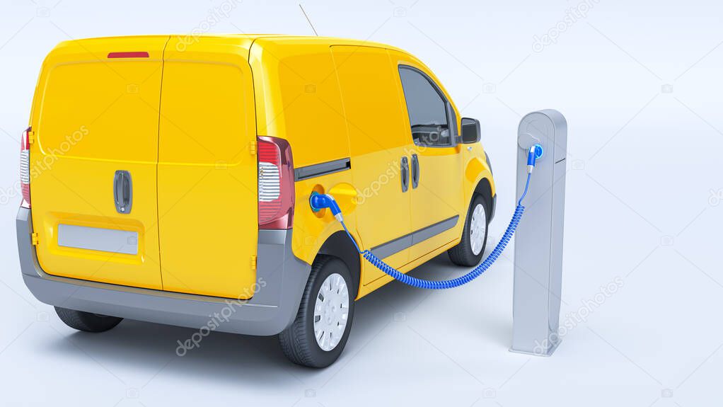 3D rendering of an electric van at a charging station