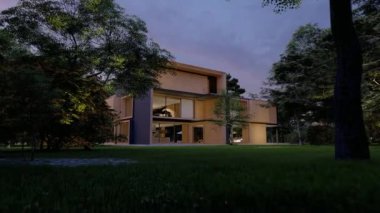 Havuzu ve bahçesi olan büyük ahşap bir malikanenin 3 boyutlu animasyonu