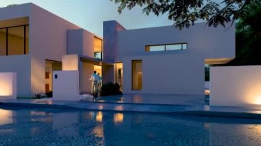 Alacakaranlıkta modern bir evin 3 boyutlu animasyonu