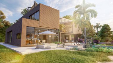 3 boyutlu, ahşap ve betondan yapılmış, etkileyici bir bahçe ve havuzu olan çağdaş bir villa.