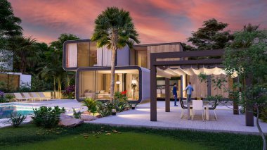 Günbatımında modern bir evin 3D görüntüsü 