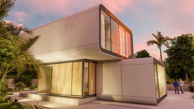 Günbatımında modern bir evin 3D görüntüsü 