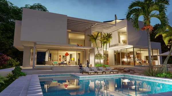 Rendering Impressive Contemporary Villa Garden Pool Dusk — ストック写真