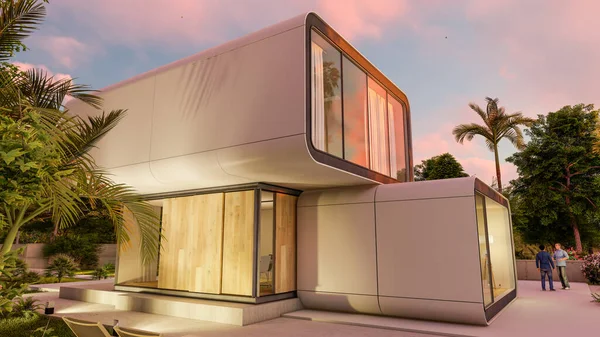 Günbatımında modern bir evin 3D görüntüsü 