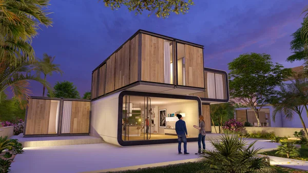 Günbatımında modern bir evin 3D görüntüsü 