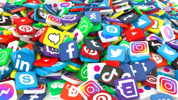 Rendering Mucchio Gettoni Con Icone Dei Social Media Sacco Spazio — Foto Stock