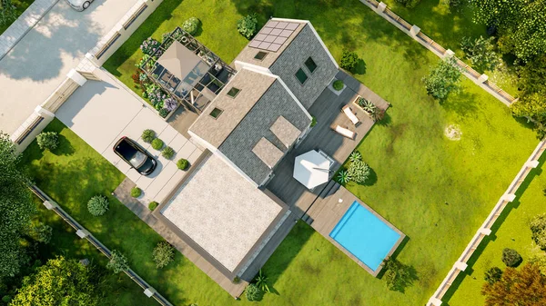 Rendering Una Casa Con Piscina Veranda Vista Aerea — Foto Stock