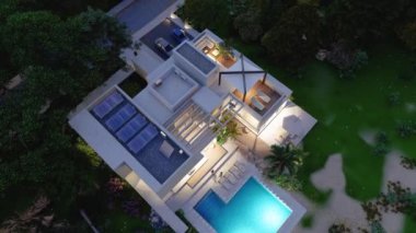 Akşamları sürdürülebilir modern bir malikanenin 3 boyutlu animasyonu, hava manzarası