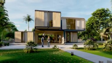 3D animation of a modern house with pool and garden 