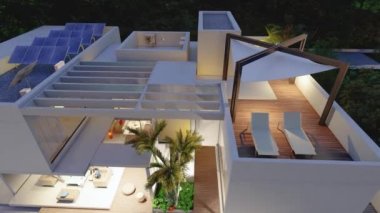 Akşamları sürdürülebilir modern bir malikanenin 3 boyutlu animasyonu, hava manzarası