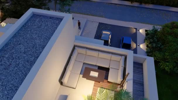 Animation Sustainable Modern Mansion Evening Aerial View — Stock Video