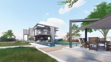 Üç boyutlu bir ev, lüks bir evin mimari taslağı.