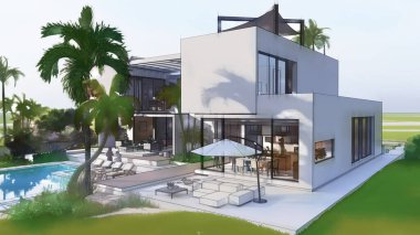 Üç boyutlu bir ev, lüks bir evin mimari taslağı.