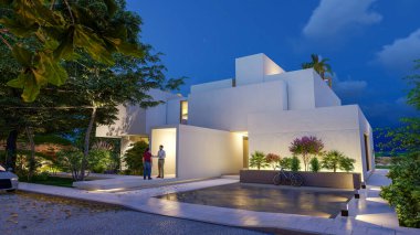 Günbatımında modern çağdaş bir villanın 3 boyutlu görüntüsü