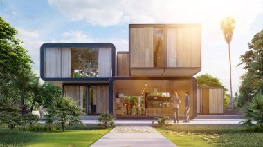 Havuzu ve bahçesi olan modern bir evin 3 boyutlu görüntüsü.