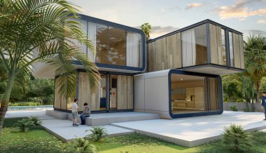 Havuzu ve bahçesi olan modern bir evin 3 boyutlu görüntüsü.