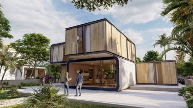 Havuzu ve bahçesi olan modern bir evin 3 boyutlu görüntüsü.