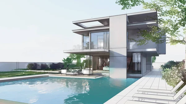 Rendering House Architecture Draft Luxury House — Stok fotoğraf