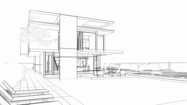 Rendering House Architecture Draft Luxury House — Stock Photo, Image