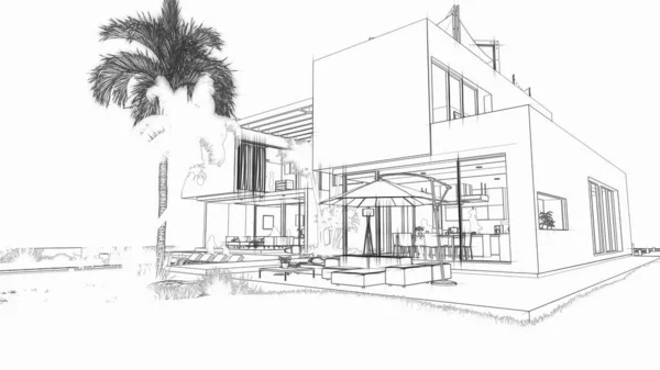Rendering House Architecture Draft Luxury House — Stock Photo, Image