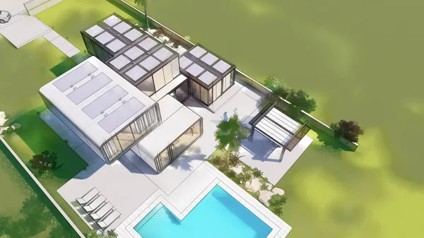 家の3Dレンダリング 豪華な家の建築の草案 — ストック写真