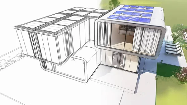 3D rendering of a sustainable house, architecture draft.