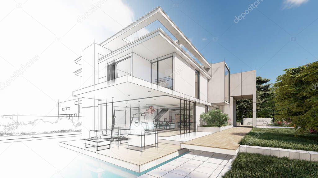 3D rendering of an upscale modern villa with pool and garden