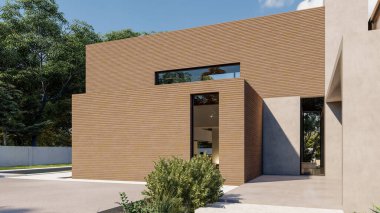 Karanlık ahşap manzaralı büyük ve çağdaş bir villanın 3 boyutlu görüntüsü